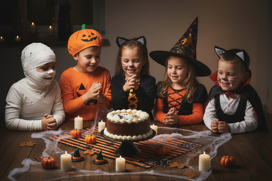 Children celebrate Halloween with cake from tht happy family bakery
