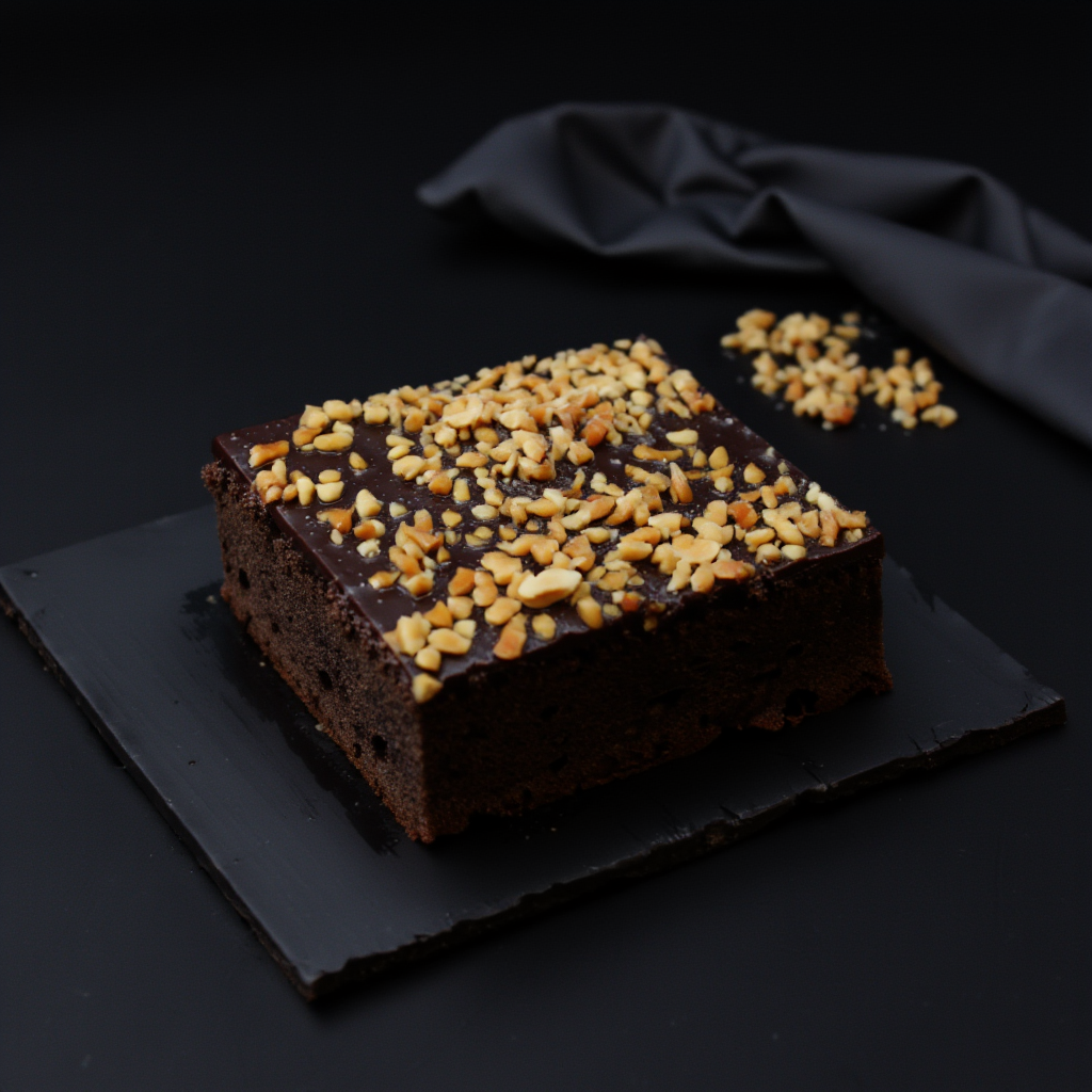 Brownie cake made by hand, covered with chocolate and sprinkled with nuts, created in a bakery in Dublin, Ireland
