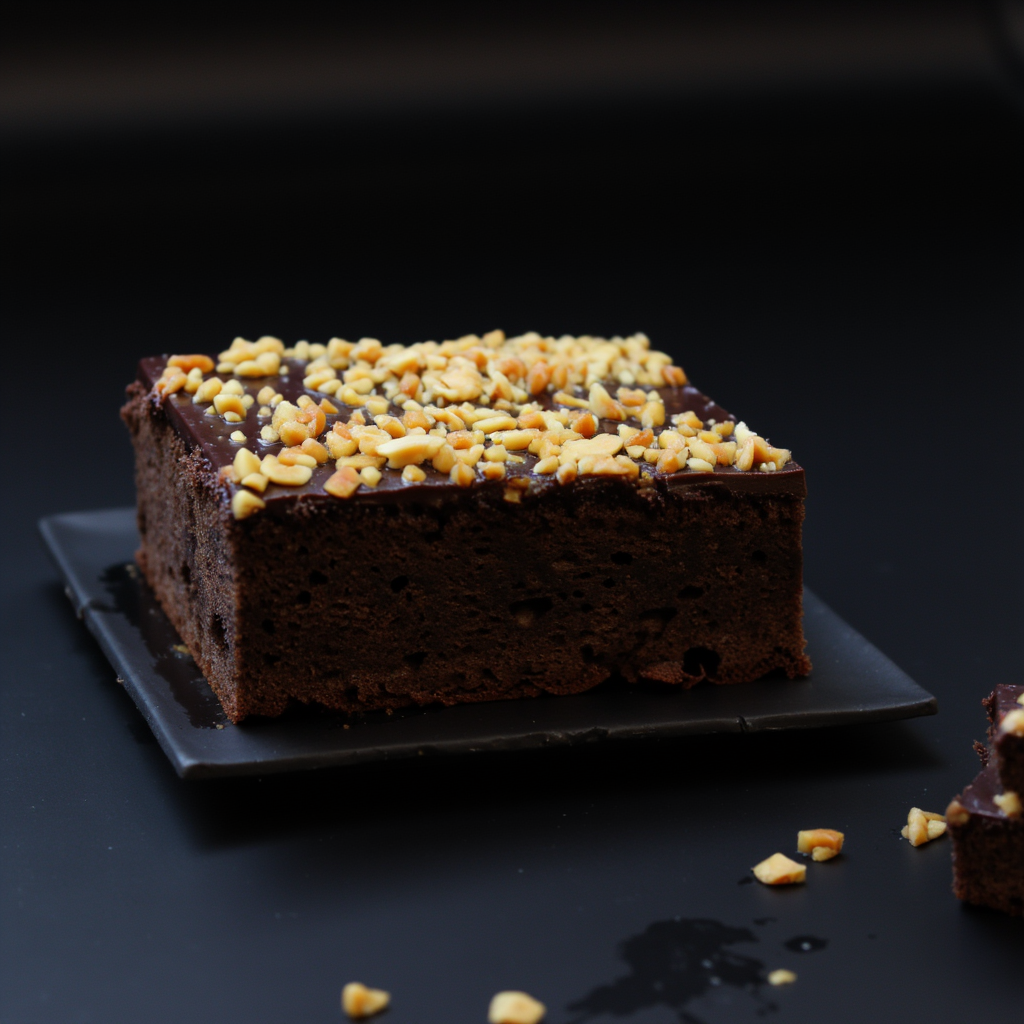 Brownie cake made by hand, covered with chocolate and sprinkled with nuts, created in a bakery in Dublin, Ireland
