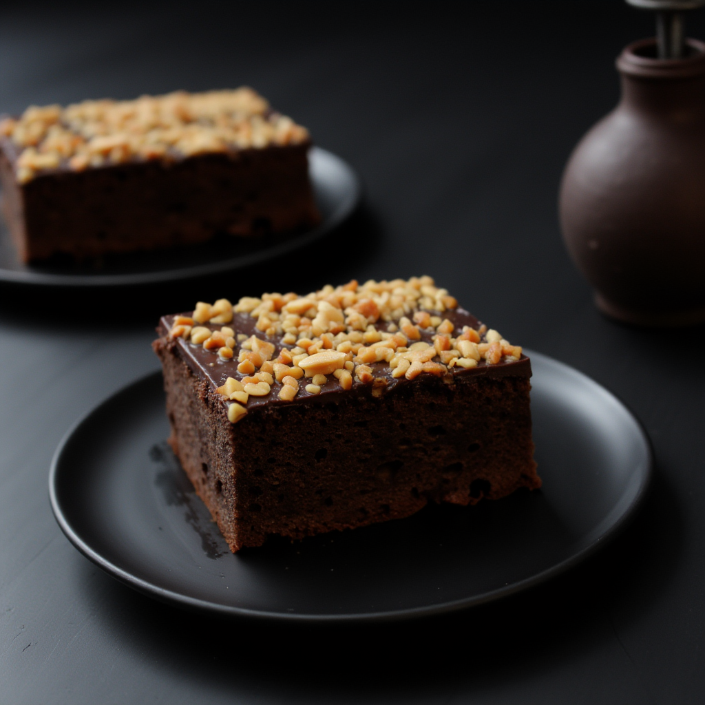 Brownie cake made by hand, covered with chocolate and sprinkled with nuts, created in a bakery in Dublin, Ireland