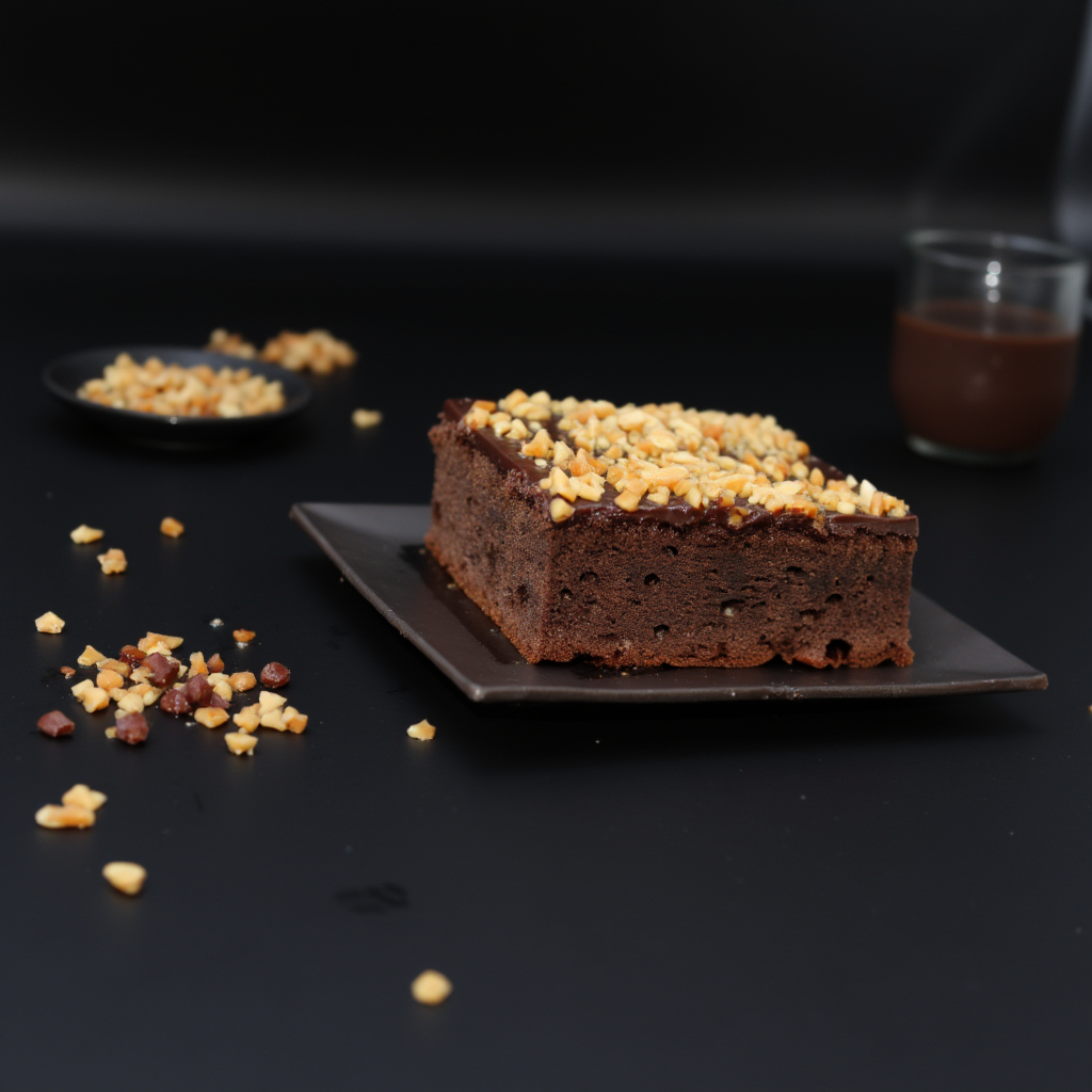 Brownie cake made by hand, covered with chocolate and sprinkled with nuts, created in a bakery in Dublin, Ireland