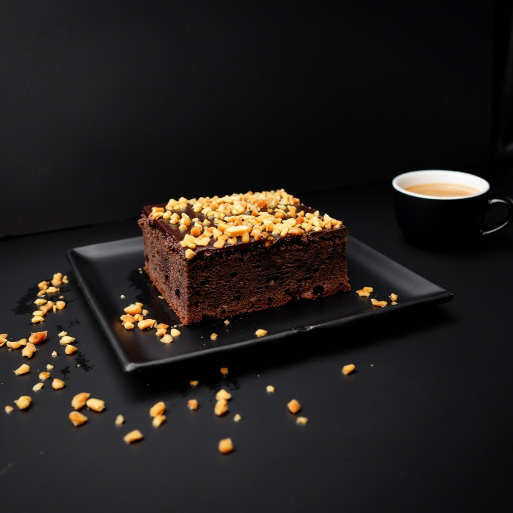 Brownie cake made by hand, covered with chocolate and sprinkled with nuts, created in a bakery in Dublin, Ireland