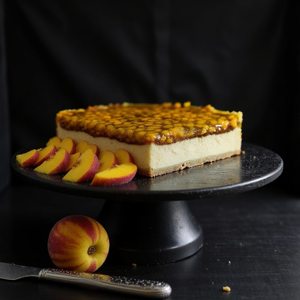 Cheesecake created right at the bakery covered with fresh peaches in jelly