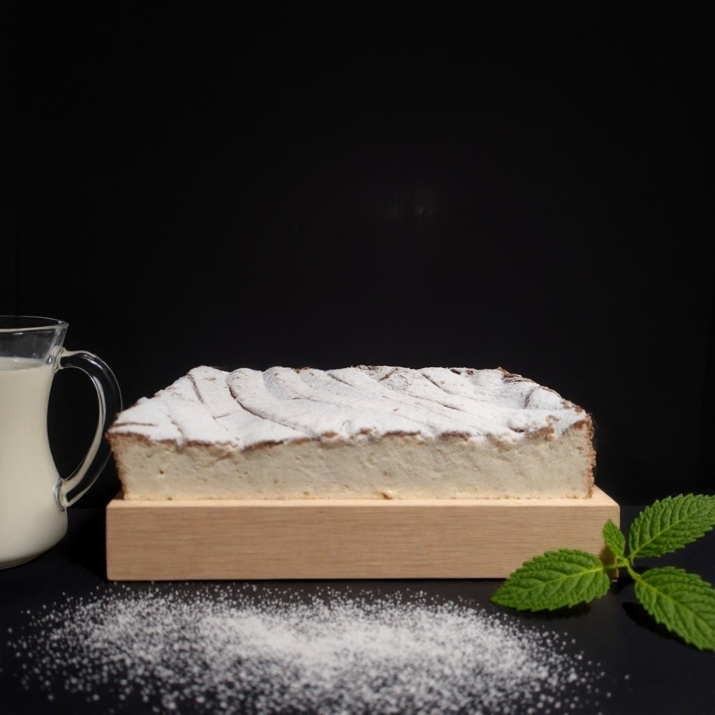 Handmade cheesecake with powdered sugar made in a bakery in Dublin, Ireland
