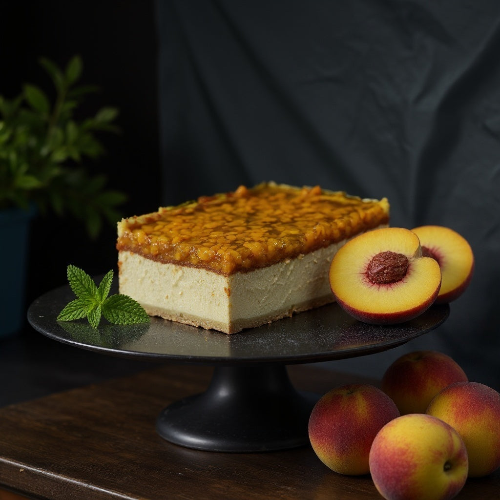 Cheesecake created right at the bakery covered with fresh peaches in jelly