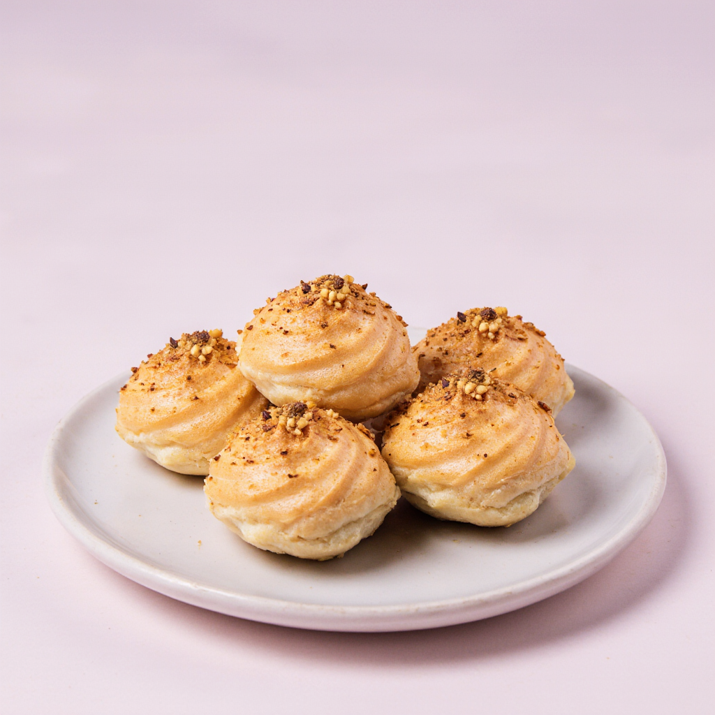 Fresh pistachio profiteroles topped with crushed pistachios from The Happy Family Bakery