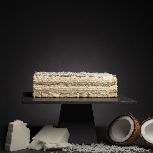 Handmade raffaello cake with sponge layers and cream layers sprinkled with coconut flakes