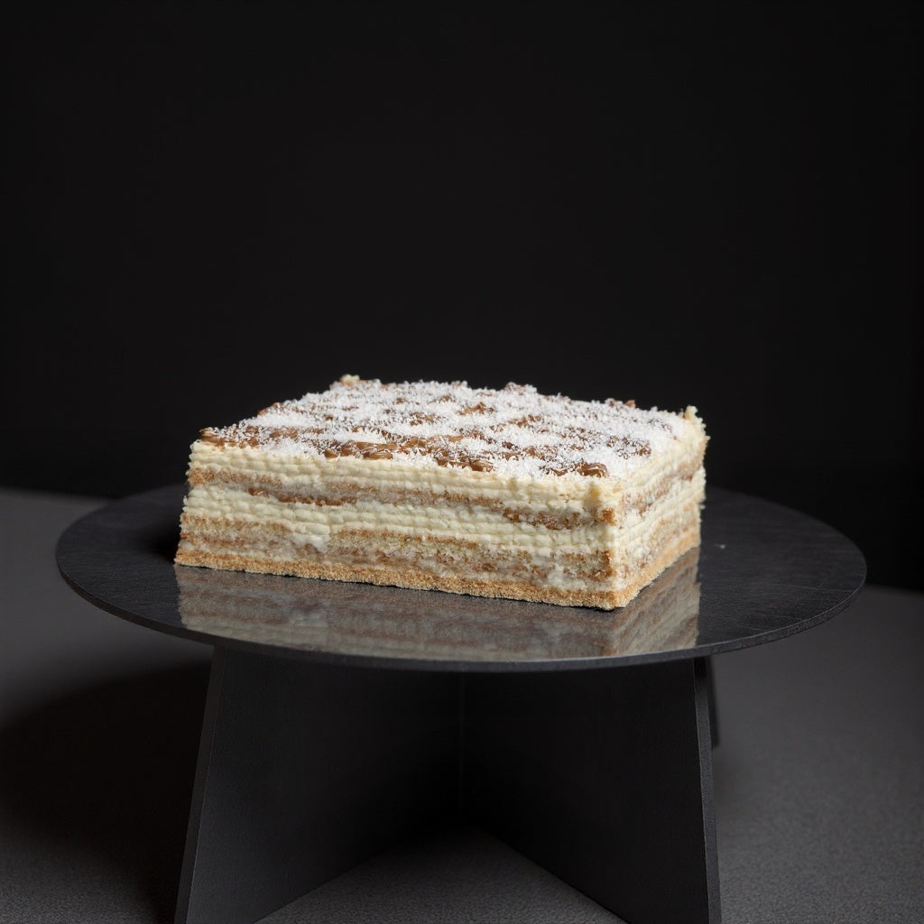 Handmade raffaello cake with sponge layers and cream layers sprinkled with coconut flakes
