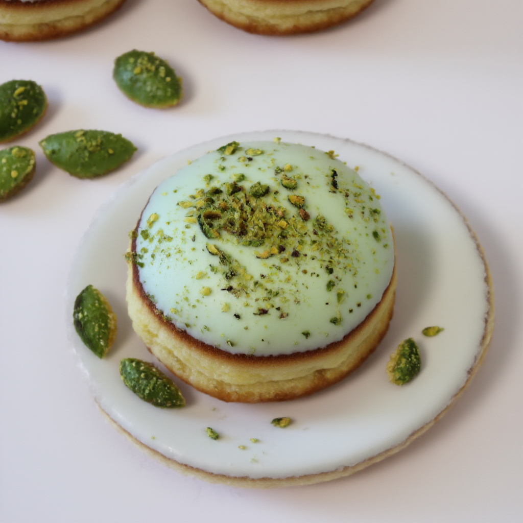 Pistachio doughnuts covered with chopped pistachios and filled with pistachio cream made at a bakery in Dublin, Ireland