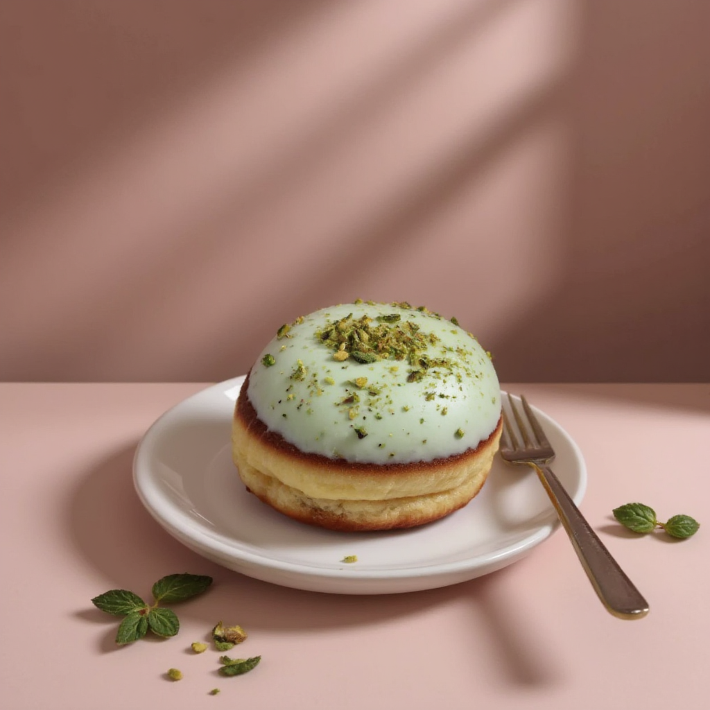 Pistachio doughnuts covered with chopped pistachios and filled with pistachio cream made at a bakery in Dublin, Ireland