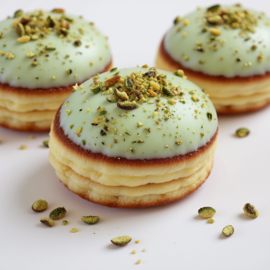 Pistachio doughnuts covered with chopped pistachios and filled with pistachio cream made at a bakery in Dublin, Ireland