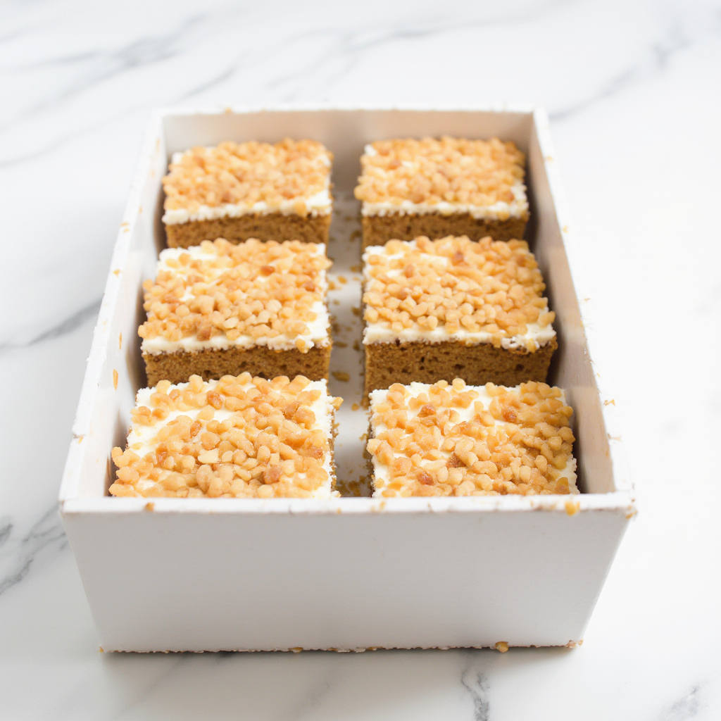 Box of six square dessert bars on a marble surface