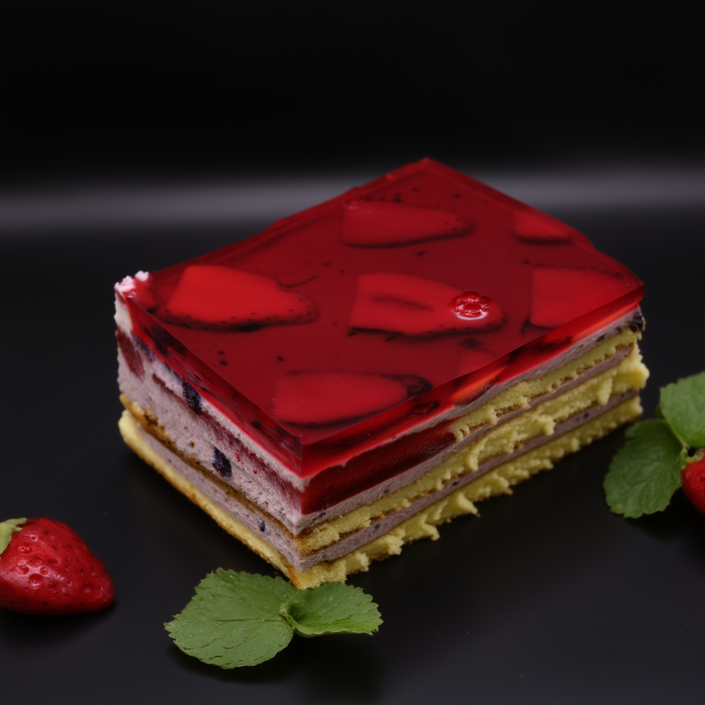 Handmade strawberry cake with layers of sponge cake cream, covered with fresh strawberries and filled with jelly