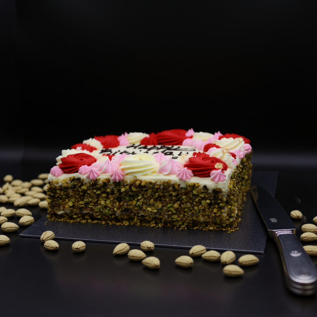 A handcrafted pistachio cake is the perfect recipe for a great celebration or party. Pistachio is the beloved nut that’s always in style, and the combination of pistachio paste and vanilla sponge with a thin layer of raspberry jam