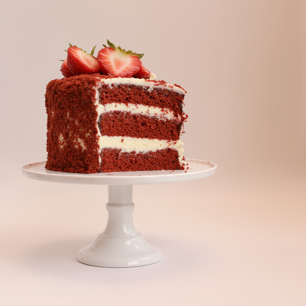 Red velvet cake with white frosting on a white cake stand against a beige background