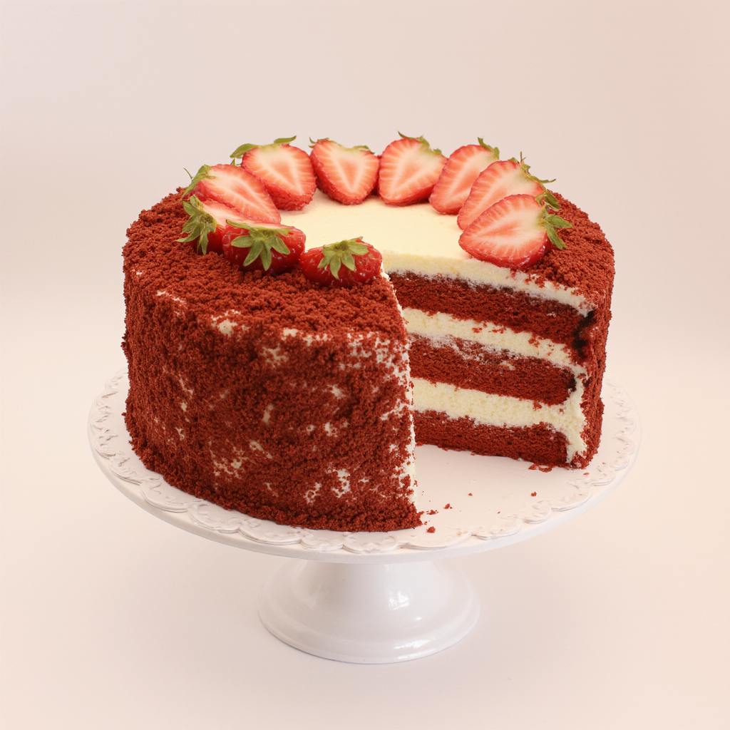 Red velvet cake with white cream and strawberry slices on a beige background