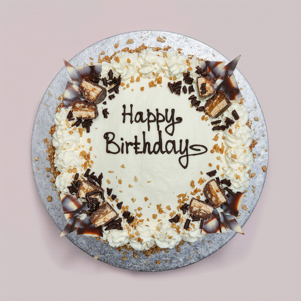 Birthday cake with whipped cream, chocolate pieces, and 'Happy Birthday' text on a pink background