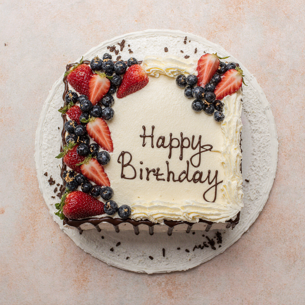 Birthday cake with strawberries and blueberries on a light background
