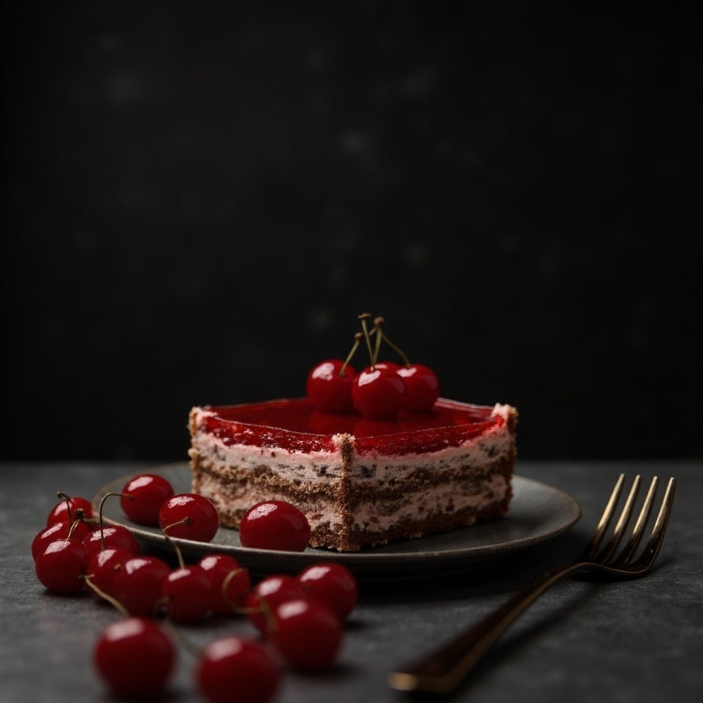 traditional cherry cake, which our bakers used to manually create delicate layers of chocolate cookies, complemented by a soft cherry jam filling and crispy chocolate pieces, covered with a shiny layer of cherry jelly