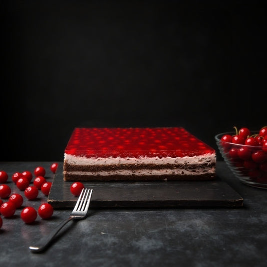 traditional cherry cake, which our bakers used to manually create delicate layers of chocolate cookies, complemented by a soft cherry jam filling and crispy chocolate pieces, covered with a shiny layer of cherry jelly