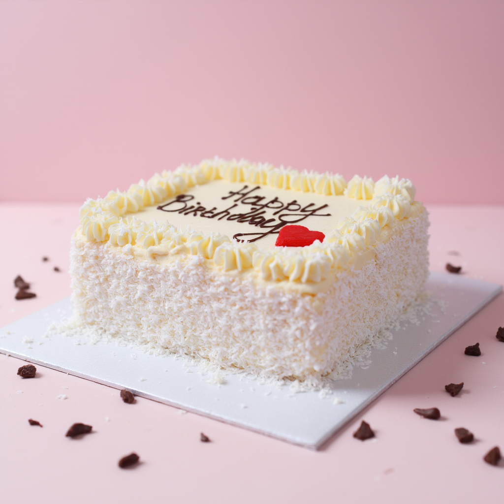 White birthday cake with 'Happy Birthday' on a pink background

