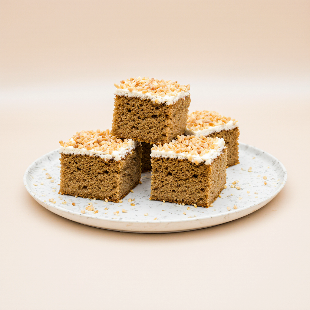 Square pieces of cake with white frosting on a round plate against a beige background