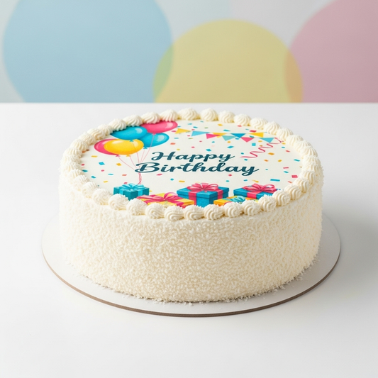 Birthday cake with customized print from the Happy Family Bakery