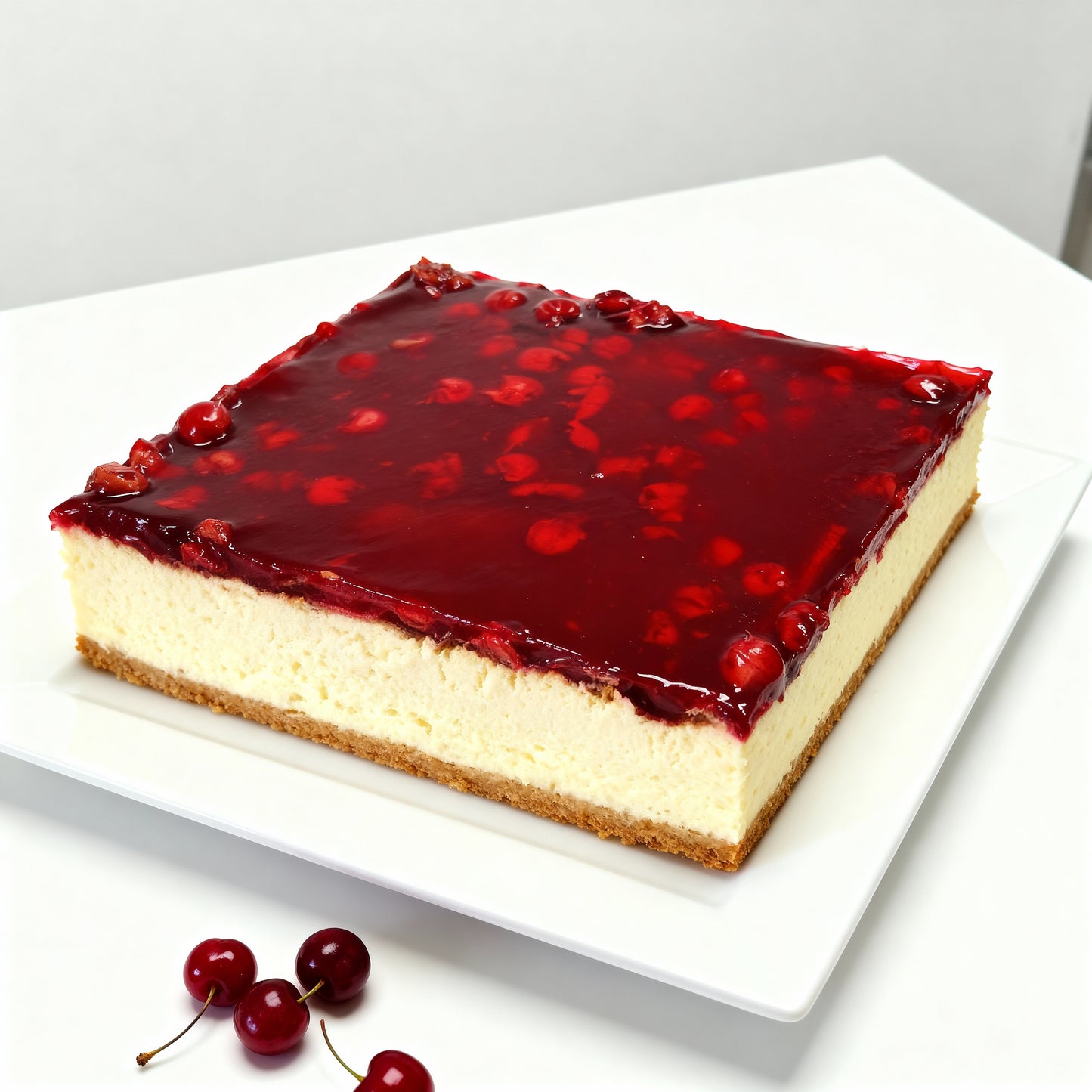 Freshly baked cheesecake covered with cherries in jelly from the Happy Family Bakery