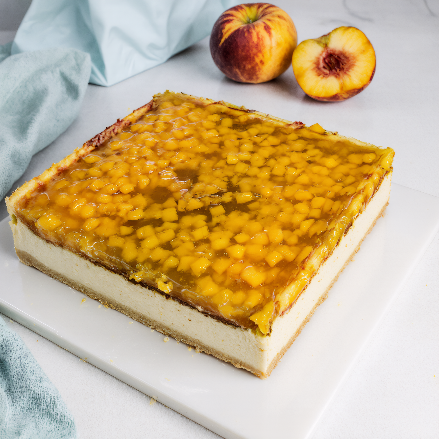 Freshly baked cheesecake covered with peaches in jelly from the Happy Family Bakery