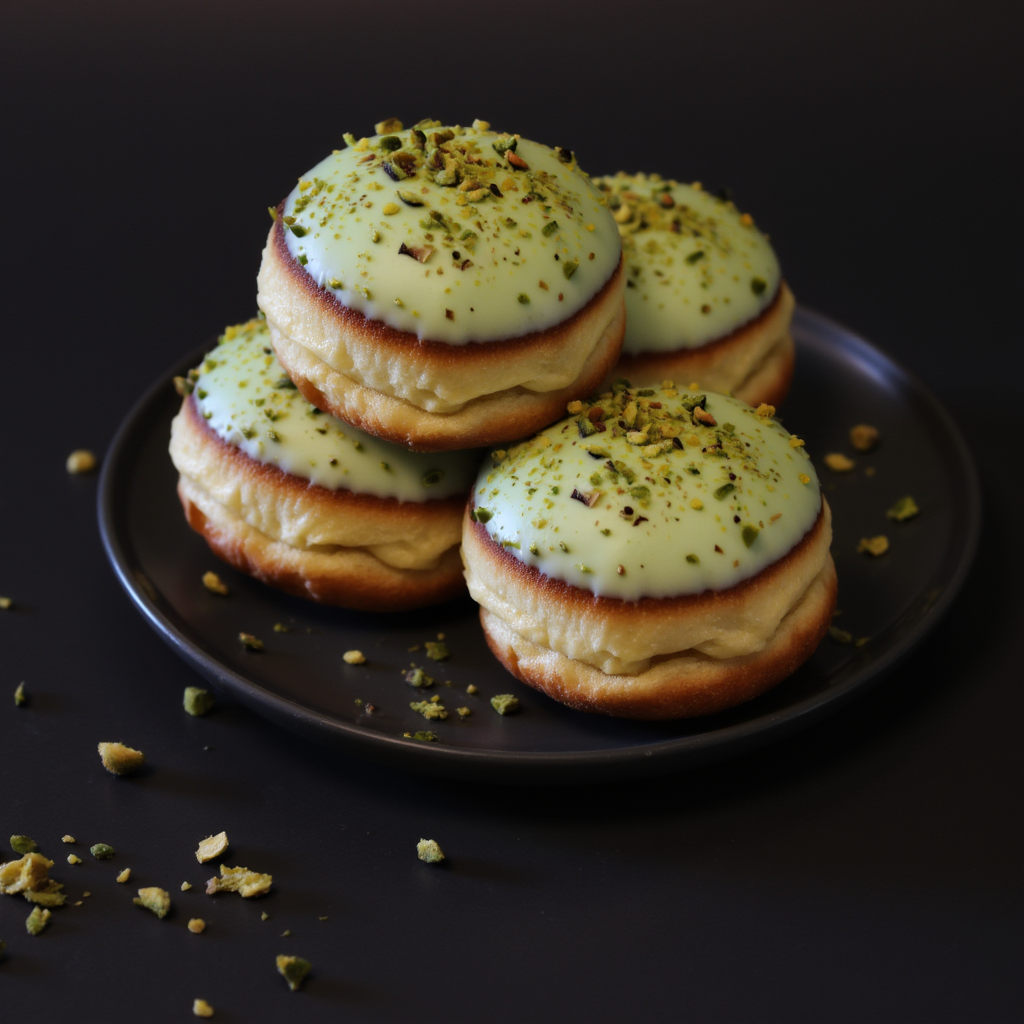 Pistachio doughnuts sprinkled with pistachio filling from a bakery in Dublin, Ireland
