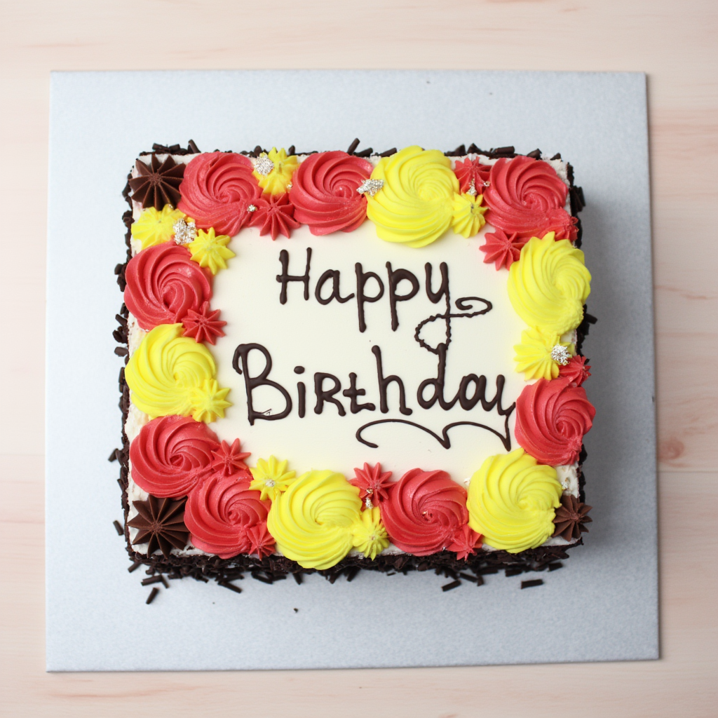 Square birthday cake with red and yellow frosting on a light blue background
