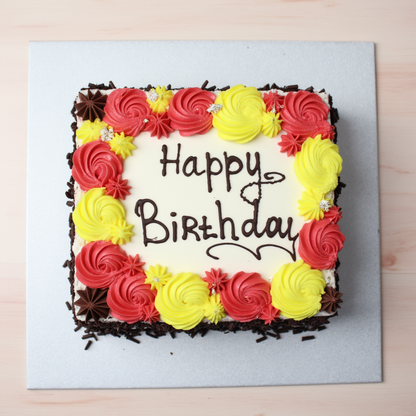 Square birthday cake with red and yellow frosting on a light blue background