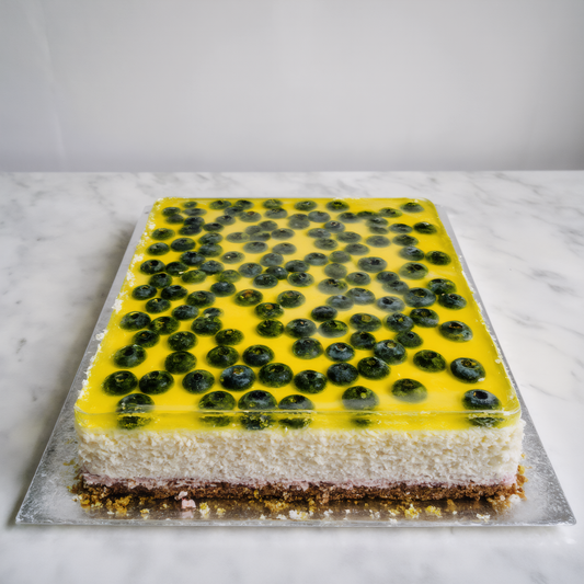 Freshly baked cake with blueberries and jelly from the Happy Family Bakery