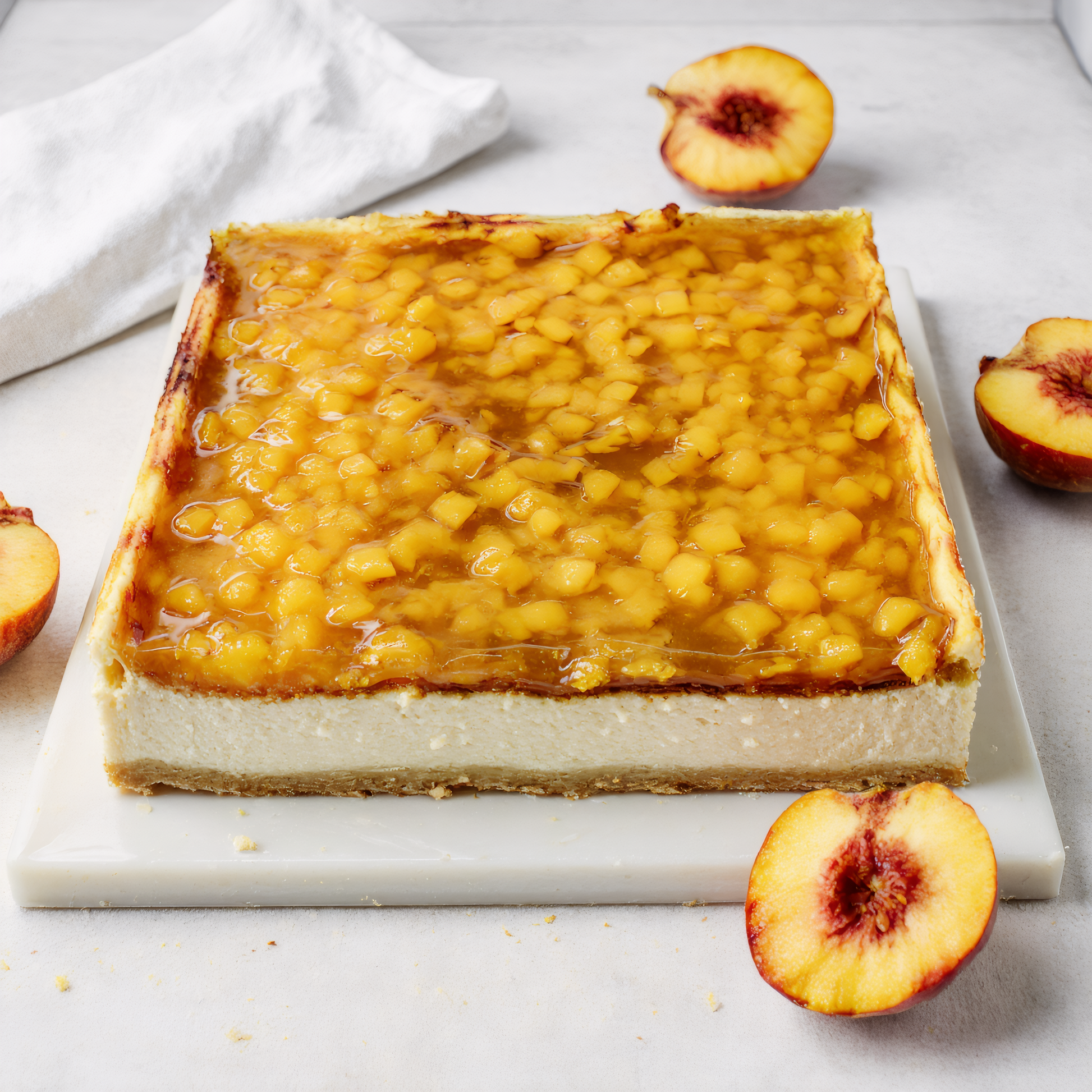 Freshly baked cheesecake covered with peaches in jelly from the Happy Family Bakery