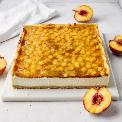 Freshly baked cheesecake covered with peaches in jelly from the Happy Family Bakery
