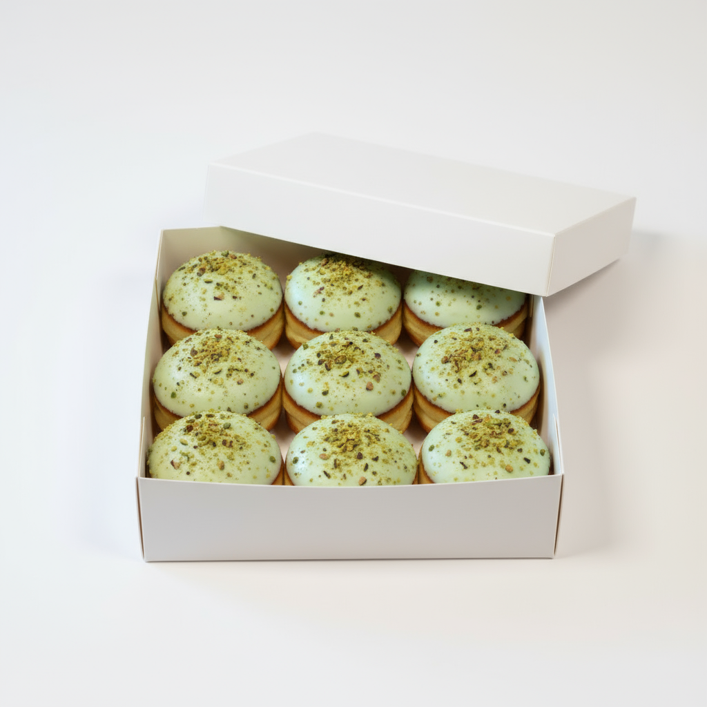 Freshly baked pistachio donuts with pistachio filling from The Happy Family Bakery